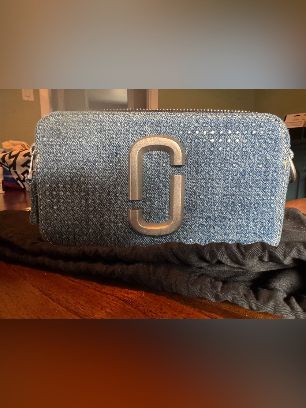 Marc Jacobs Denim Crystal snapshot camera bag with web strap